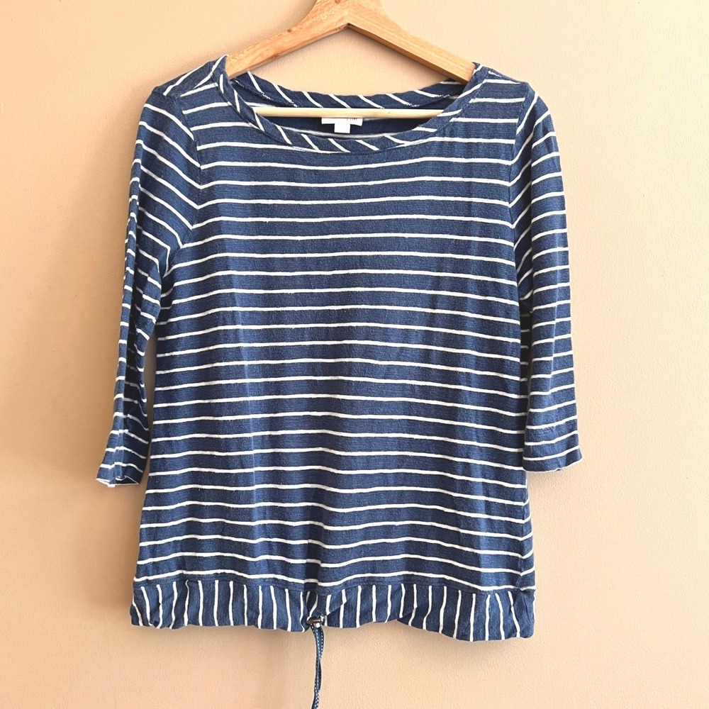 J. Jill Navy Blue White Striped Linen Cotton Knit Drawstring Hem Top Womens M